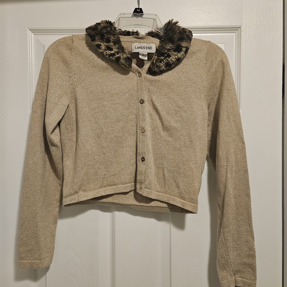 Lands' End Gold Cardigan with Leopard Print Collar